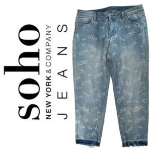 SoHo Jeans New York & Co Love Print Boyfriend Raw hem high waist straight leg 10